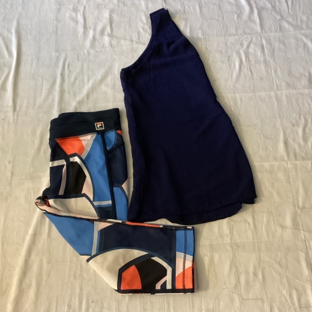 2 PC Colorful Geometric Fila Leggings with Alice CO Navy Tank Top